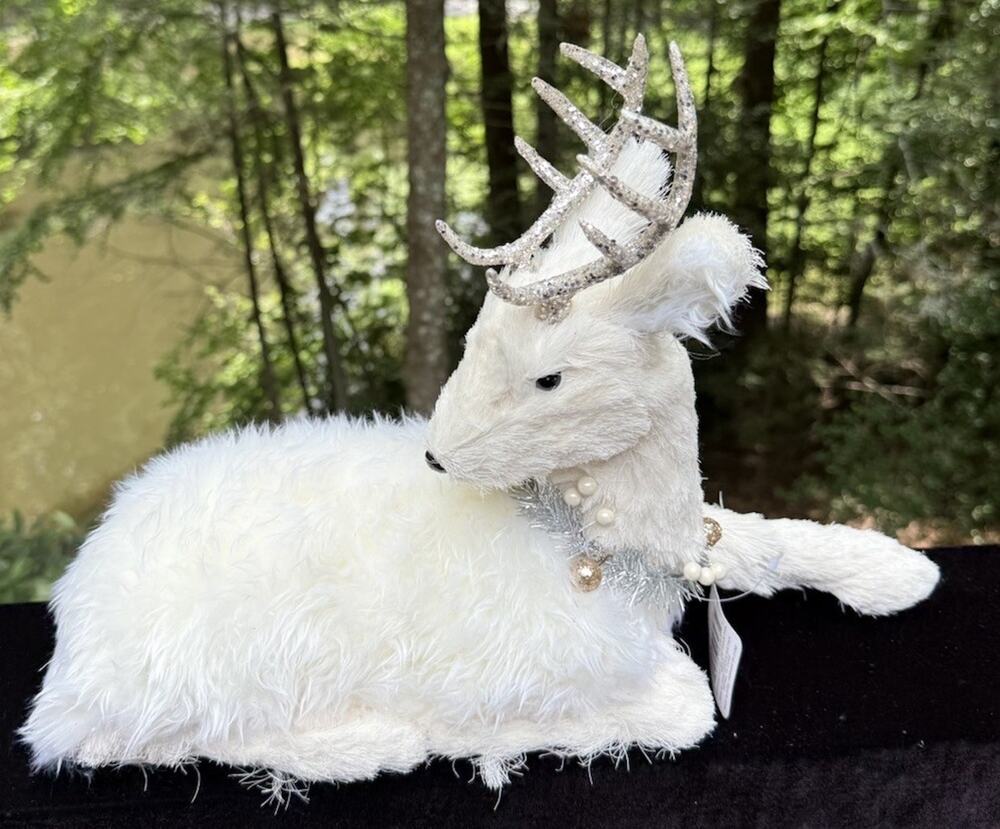 Luxury Bristle White Deer Ornament Woodland Reindeer Greenery Christmas 16” Long